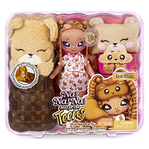 Na Na Na Surprise Teens Slumber Party Bambola alla moda LARA VONN - Juguete para niños - Coleccionable - Muñeca de tela de 27 cm, inspirada en un osito - Pelo castaño