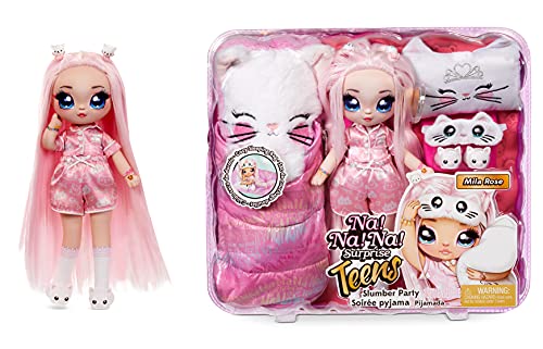 Na Na Na Surprise Teens Slumber Party Moda Mila Rose-Juguete para niños-Coleccionable-Muñeca de Tela de 27 cm, Inspirada en un Gatito Persa-Pelo Rosa, Color (577423C3)