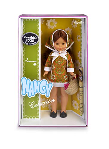 Nancy- Colección Primavera años 70, Muñeca reedición 2020 con Vestido y pañuelo a Juego Que Incluye cestito con Flores para niños y coleccionistas (Famosa 700015704)