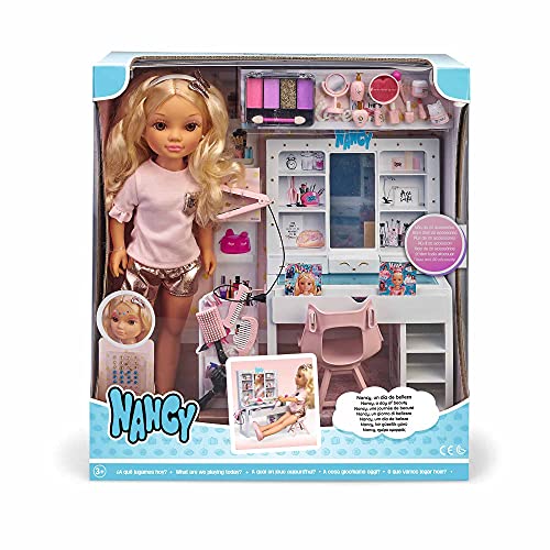 Nancy - Un día de belleza, muñeca de pelo rizado con un tocador de maquillaje y peinados, juego con accesorios y pegatinas para decorar, recomendado a partir de 3 años, FAMOSA (700015787)