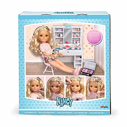 Nancy - Un día de belleza, muñeca de pelo rizado con un tocador de maquillaje y peinados, juego con accesorios y pegatinas para decorar, recomendado a partir de 3 años, FAMOSA (700015787)