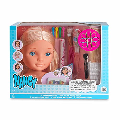 Nancy - Un día de Secretos de Belleza Rubia, busto de muñeca con el pelo largo para peinar y maquillar, con accesorios de belleza como peines, brochas, pestañas postizas o pegatinas FAMOSA (700014860)