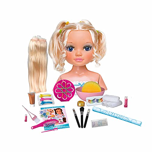 Nancy - Un día de Secretos de Belleza Rubia, busto de muñeca con el pelo largo para peinar y maquillar, con accesorios de belleza como peines, brochas, pestañas postizas o pegatinas FAMOSA (700014860)