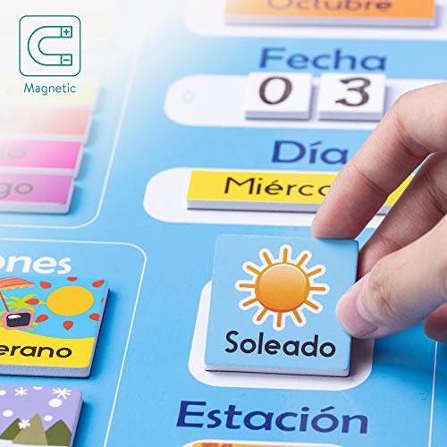 Navaris Calendario de Aprendizaje para niños - Tablero Educativo Montessori en español - Pizarra para Aprender días Meses Estaciones con 41 imanes