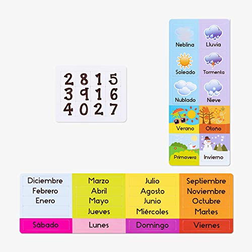 Navaris Calendario de Aprendizaje para niños - Tablero Educativo Montessori en español - Pizarra para Aprender días Meses Estaciones con 41 imanes