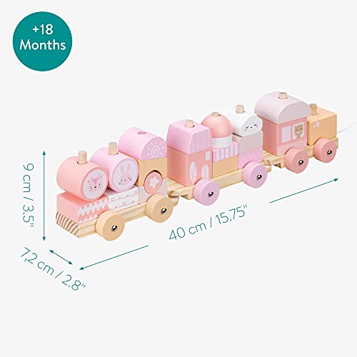 Navaris Tren de Madera para niños - Tranvía para bebé con Cordel de Arrastre 3 Bloques y 20 Piezas para Jugar - Ferrocarril de Juguete con Ruedas