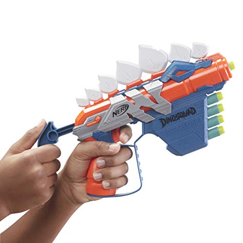 Nerf Lanzador de Dardos DinoSquad Stegosmash, Porta-Dardos para 4 Dardos, 5 Dardos Oficiales, diseño de Dinosaurio, Puntas de Pico de Estegosaurio