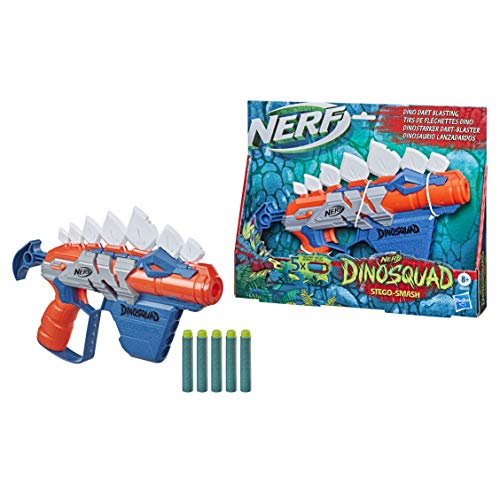 Nerf Lanzador de Dardos DinoSquad Stegosmash, Porta-Dardos para 4 Dardos, 5 Dardos Oficiales, diseño de Dinosaurio, Puntas de Pico de Estegosaurio