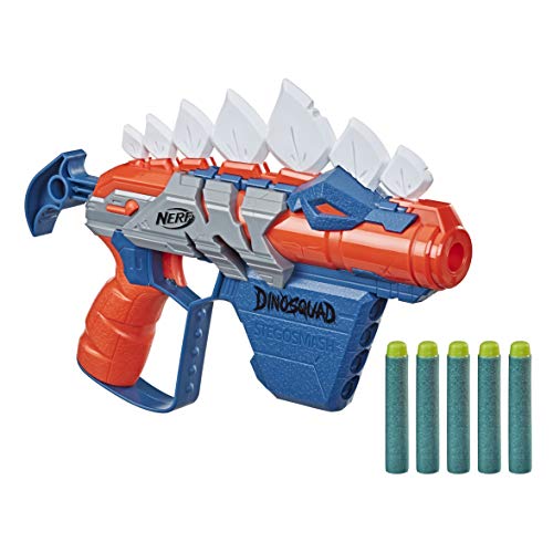 Nerf Lanzador de Dardos DinoSquad Stegosmash, Porta-Dardos para 4 Dardos, 5 Dardos Oficiales, diseño de Dinosaurio, Puntas de Pico de Estegosaurio