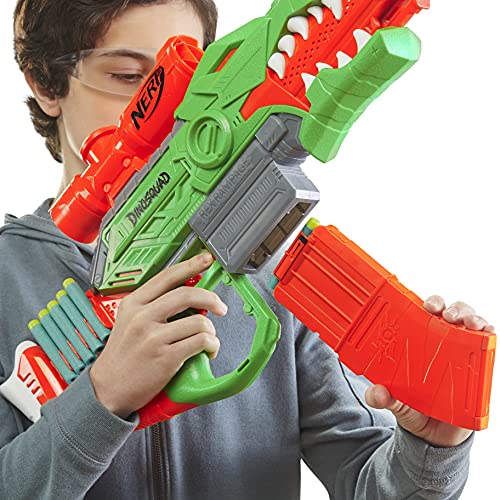 Nerf Lanzador de Dardos motorizado DinoSquad Rex-Rampage, Clip de 10 Dardos, 20 Dardos, Porta-Dardos de 10 Dardos, diseño de dinosario T-Rex