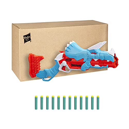 Nerf Lanzador DinoSquad Tricera-Blast, Carga de 3 Dardos con Apertura, 12 Dardos, Porta-Dardos, diseño de Dinosaurio Triceratops