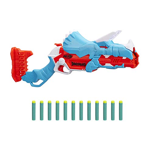 Nerf Lanzador DinoSquad Tricera-Blast, Carga de 3 Dardos con Apertura, 12 Dardos, Porta-Dardos, diseño de Dinosaurio Triceratops