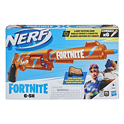 Nerf Lanzador Fortnite 6-SH - Pulso de Camuflaje - con Martillo y Tambor Giratorio de 6 Dardos - Incluye 6 Dardos Oficiales Elite