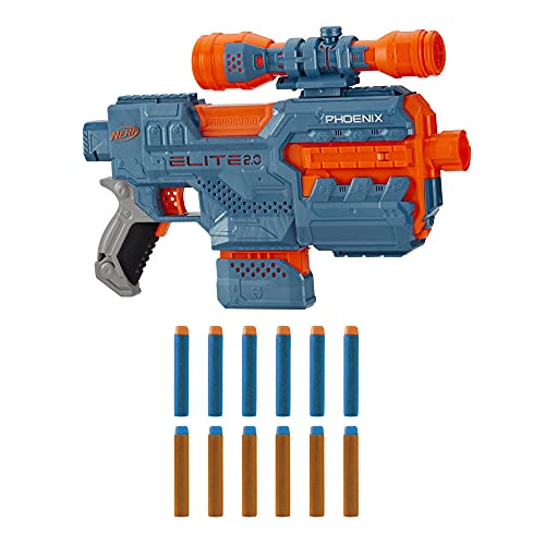 Nerf- Pistola motorizada Elite 2.0 Phoenix CS-6, 12 Oficiales, Clip de 6 Dardos, Alcance, carriles tácticos, Barril y Puntos de fijación (Hasbro E9961EU5)