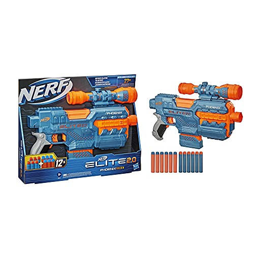 Nerf- Pistola motorizada Elite 2.0 Phoenix CS-6, 12 Oficiales, Clip de 6 Dardos, Alcance, carriles tácticos, Barril y Puntos de fijación (Hasbro E9961EU5)