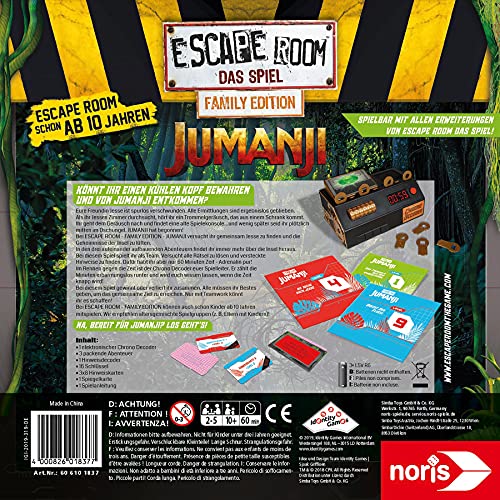 Noris - Juego por Equipos y familias Escape Room Jumanji (Family Edition) para Adultos y niños, Incluye 3 Casos y descodificador de cronógrafo, a Partir de 10 años