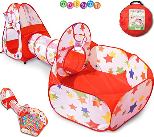 NUBUNI 3 en 1 Tienda Campaña Infantil : Piscina de Bolas + Casita Infantil + Tunel Infantil: Plegable Parque Bebe Bolas Infantil Jardín Exterior Interior Juguetes Niños Niñas Bebes Casitas Tela Tipi A