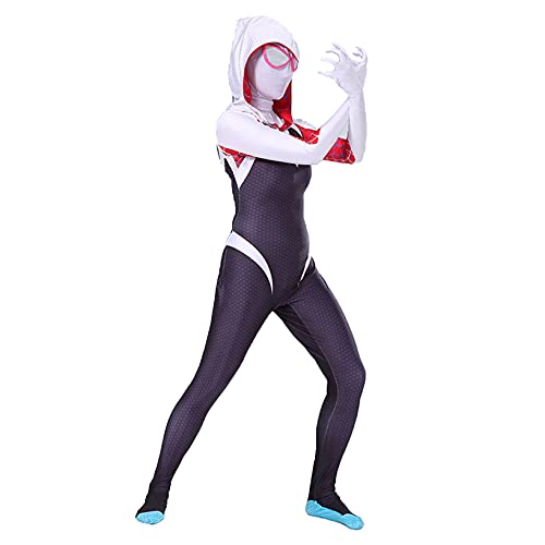 Nuitab Chicas Gwen Spiderman Mono Halloween Cosplay Modificador Mascarilla Adultos Niños Performance Disfraces Zentai Props 3D Impreso Impreso Fancy Dress Outfit,White-Adults/L 170~180cm