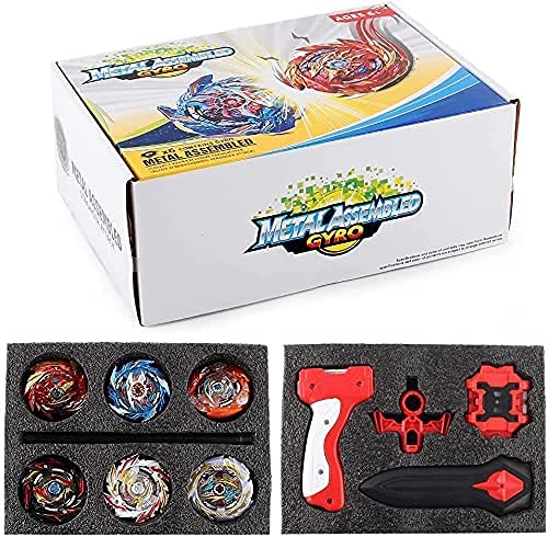 OBEST 1 Peonzas con Lanzador Fusión 4D Conjunto, 6 Burst Turbo Spinning Tops de Metal y 2 Launcher Juego de Batalla, Regalo Juguetes para Niños