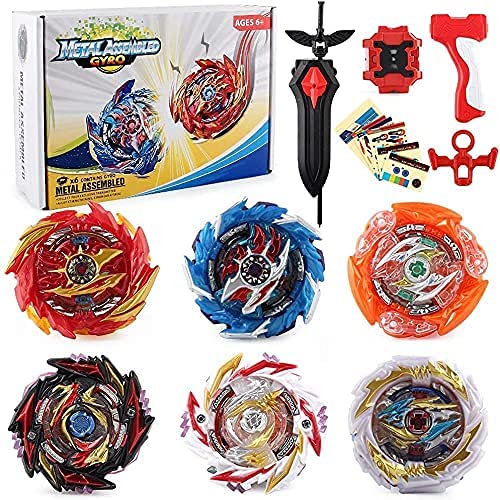 OBEST 1 Peonzas con Lanzador Fusión 4D Conjunto, 6 Burst Turbo Spinning Tops de Metal y 2 Launcher Juego de Batalla, Regalo Juguetes para Niños