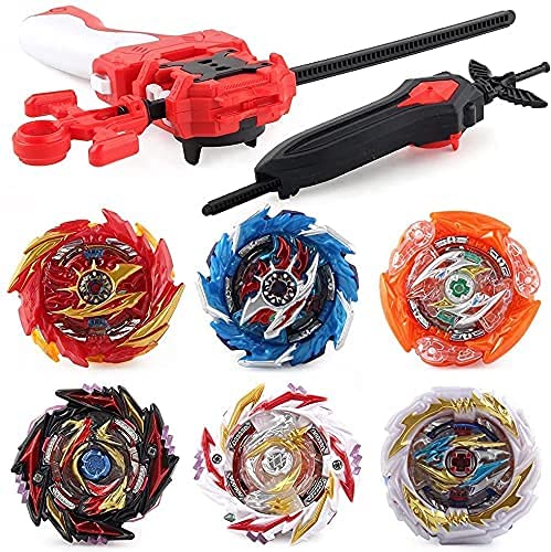 OBEST 1 Peonzas con Lanzador Fusión 4D Conjunto, 6 Burst Turbo Spinning Tops de Metal y 2 Launcher Juego de Batalla, Regalo Juguetes para Niños