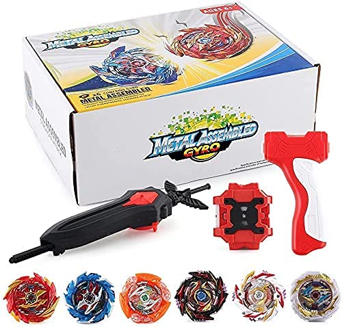 OBEST 1 Peonzas con Lanzador Fusión 4D Conjunto, 6 Burst Turbo Spinning Tops de Metal y 2 Launcher Juego de Batalla, Regalo Juguetes para Niños