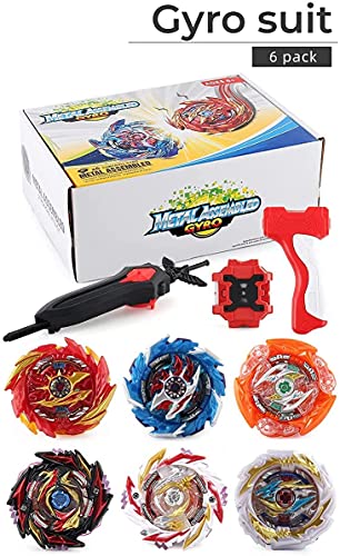 OBEST 1 Peonzas con Lanzador Fusión 4D Conjunto, 6 Burst Turbo Spinning Tops de Metal y 2 Launcher Juego de Batalla, Regalo Juguetes para Niños