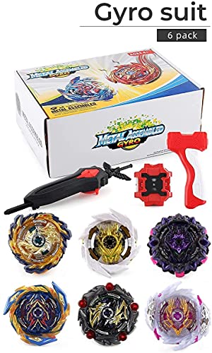 OBEST 1 Peonzas con Lanzador Fusión 4D Conjunto, 6 Burst Turbo Spinning Tops de Metal y 2 Launcher Juego de Batalla, Regalo Juguetes para Niños Adultos