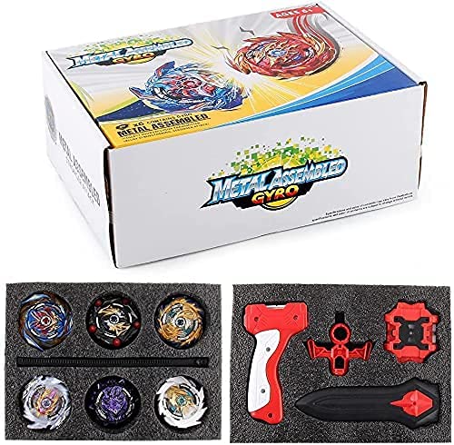 OBEST 1 Peonzas con Lanzador Fusión 4D Conjunto, 6 Burst Turbo Spinning Tops de Metal y 2 Launcher Juego de Batalla, Regalo Juguetes para Niños Adultos