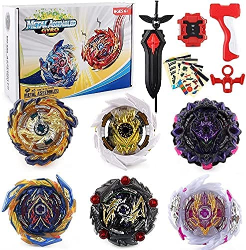 OBEST 1 Peonzas con Lanzador Fusión 4D Conjunto, 6 Burst Turbo Spinning Tops de Metal y 2 Launcher Juego de Batalla, Regalo Juguetes para Niños Adultos