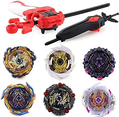 OBEST 1 Peonzas con Lanzador Fusión 4D Conjunto, 6 Burst Turbo Spinning Tops de Metal y 2 Launcher Juego de Batalla, Regalo Juguetes para Niños Adultos