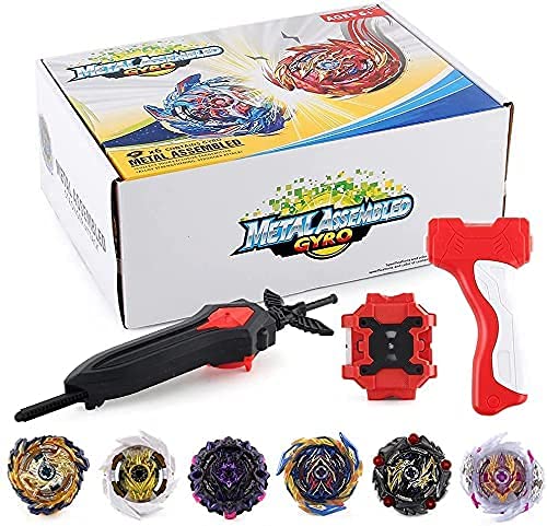 OBEST 1 Peonzas con Lanzador Fusión 4D Conjunto, 6 Burst Turbo Spinning Tops de Metal y 2 Launcher Juego de Batalla, Regalo Juguetes para Niños Adultos