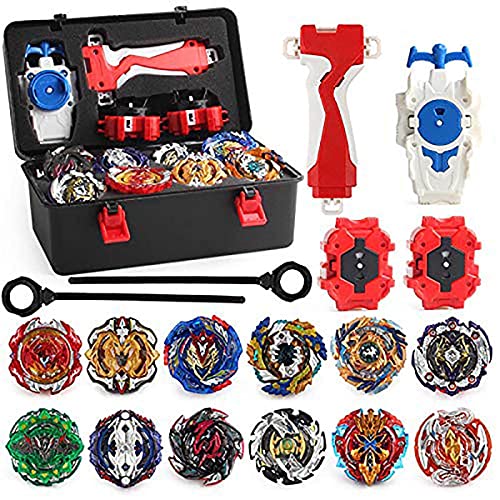 OBEST Conjunto de Peonzas Juguetes con Estuche Portátil, 12 Nuevo Nado Spinner con 2 Turbo Burst Launcher, Gyro Spinning Pocket Box