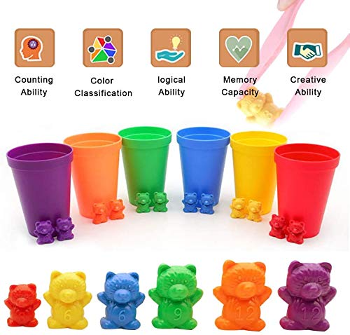 OBEST Contando Osos Colores coordinados Clasificación Tazas Montessori y contando Juguetes educativos (Juego de 73) Caja de Almacenamiento de 60 Osos y 6 Tazas