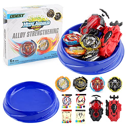 OBEST Peonzas de Batalla con Lanzador, con Estadio Conjunto, 4 Pcs Metal de de Combate Estallido Turbo Gyro Spinners y 2 Launcher, Juguetes para Niños