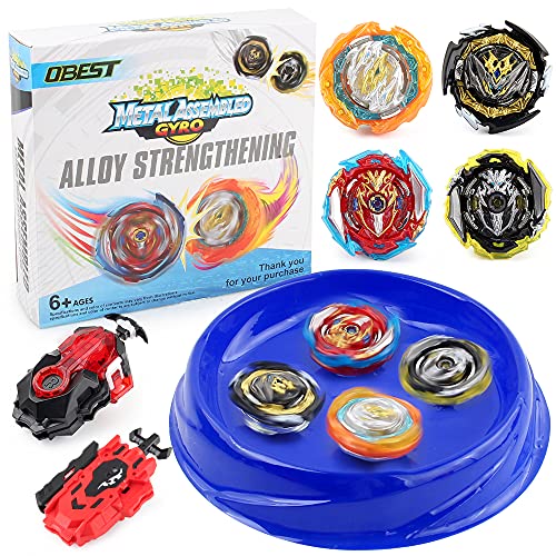 OBEST Peonzas de Batalla con Lanzador, con Estadio Conjunto, 4 Pcs Metal de de Combate Estallido Turbo Gyro Spinners y 2 Launcher, Juguetes para Niños