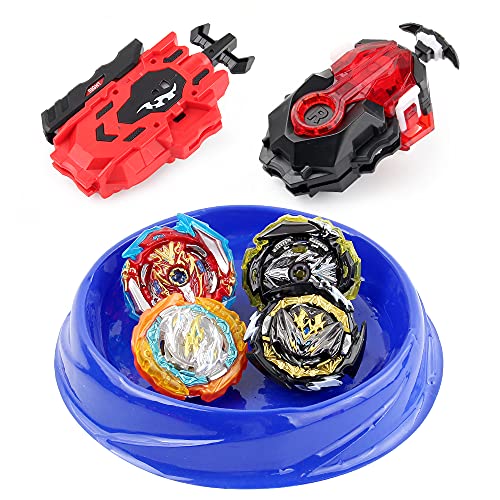 OBEST Peonzas de Batalla con Lanzador, con Estadio Conjunto, 4 Pcs Metal de de Combate Estallido Turbo Gyro Spinners y 2 Launcher, Juguetes para Niños