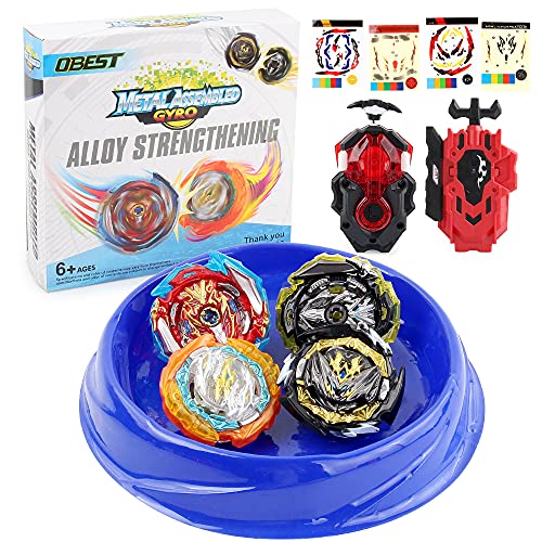 OBEST Peonzas de Batalla con Lanzador, con Estadio Conjunto, 4 Pcs Metal de de Combate Estallido Turbo Gyro Spinners y 2 Launcher, Juguetes para Niños