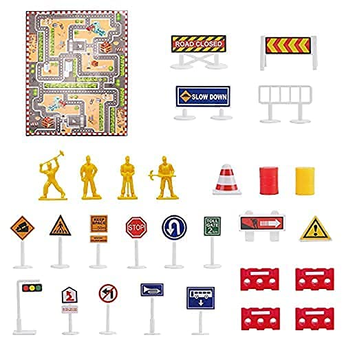 OBEST Vehículo de Construcción de Juguete,6 Tipos de Señales de Tráfico de Barricadas para Coche de Fricción Mapa con Estacionamiento de Escena,Regalo de Cumpleaños para niños