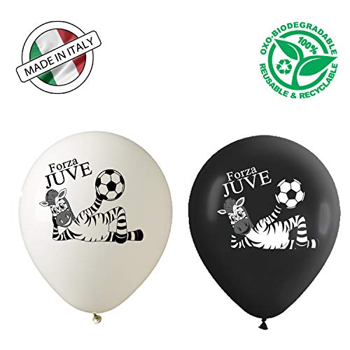 ocballoons 20 globos blancos y negros, de la Fuerza Juve, de látex natural, biodegradables, para decoración de fiestas de cumpleaños, hinchables, con bombona de helio fabricados en Italia