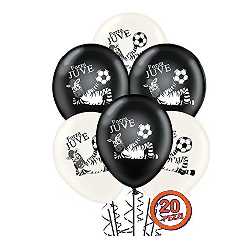 ocballoons 20 globos blancos y negros, de la Fuerza Juve, de látex natural, biodegradables, para decoración de fiestas de cumpleaños, hinchables, con bombona de helio fabricados en Italia