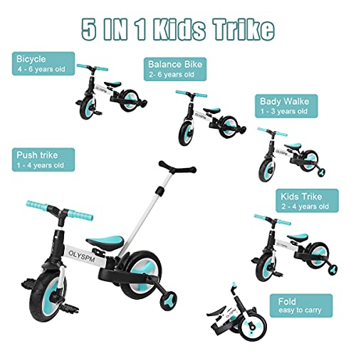 OLYSPM 5 en 1 Triciclo Bebé Plegables Bicicleta sin Pedales para 1-6 Años Niños,Triciclo para Bebes con Pedales Desmontables y Ruedas Auxiliares,Triciclo Evolutivo(Azul Claro)