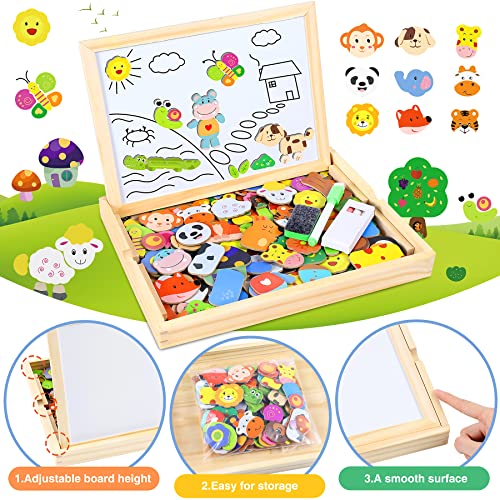 Otes 110 Piezas Puzzles de Madera Magnéticos, Pizarra Magnética Infantil con Rompecabezas, Dibujo de Animales Colorido con Tablero de Doble Cara, Juegos Educativos para Niños Desde 3 Años