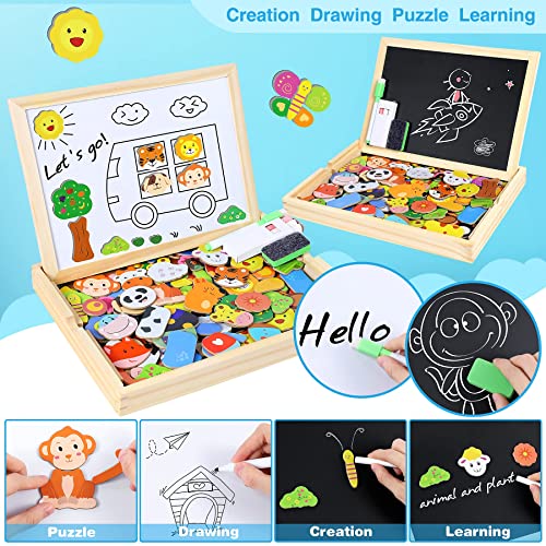 Otes 110 Piezas Puzzles de Madera Magnéticos, Pizarra Magnética Infantil con Rompecabezas, Dibujo de Animales Colorido con Tablero de Doble Cara, Juegos Educativos para Niños Desde 3 Años