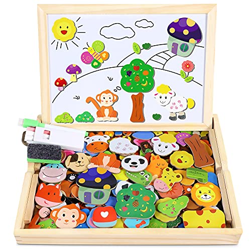 Otes 110 Piezas Puzzles de Madera Magnéticos, Pizarra Magnética Infantil con Rompecabezas, Dibujo de Animales Colorido con Tablero de Doble Cara, Juegos Educativos para Niños Desde 3 Años