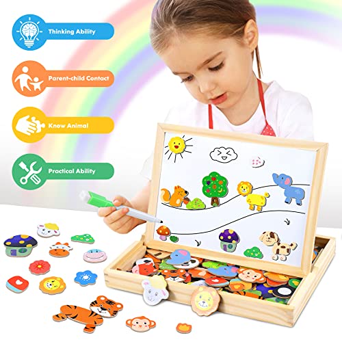 Otes 110 Piezas Puzzles de Madera Magnéticos, Pizarra Magnética Infantil con Rompecabezas, Dibujo de Animales Colorido con Tablero de Doble Cara, Juegos Educativos para Niños Desde 3 Años