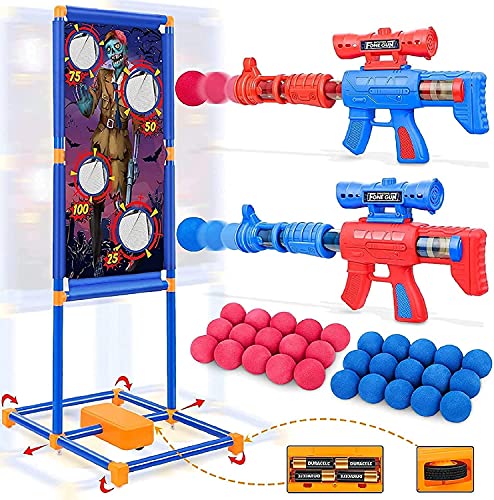 Otes 2 Pistolas Juguete de Bolas de Espuma y Objetivo de Pie Móvil, Juego de Tiro para Niños, Juguetes de Tiro, Regalo Ideal para Niños para Exteriores y Interiores