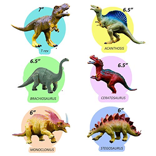 OuMuaMua Juguetes de figuras de dinosaurios realistas - Paquete de 6 "Juego de dinosaurios de plástico de gran tamaño para 7 niños Educación infantil, incluidos T-rex, Stegosaurus, Monocloniu