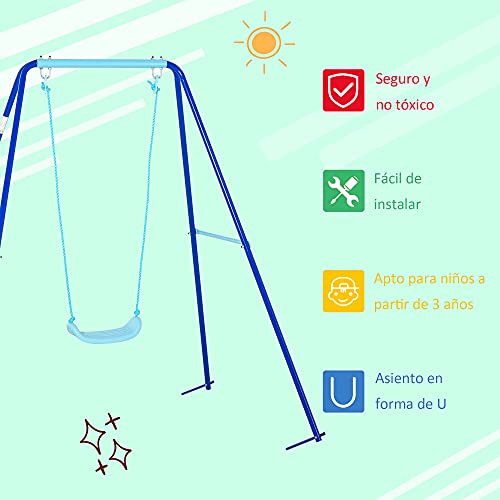 Outsunny Columpio Metal para Niños con Soporte +3 Años Juego de Columpio con Asiento y Cuerda Infantil para Jardín Patio Carga Máx. 30 kg 140x120x170 cm Azul