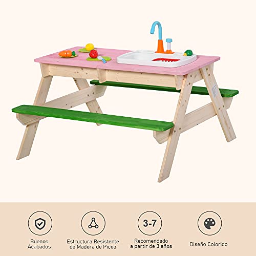 Outsunny Juego de Mesa y 2 Bancos para Niños Mesa de Picnic Infantil de Madera con Arenero o Piscina Fregadero y 14 Juguetes de Cocina para Jardín Exterior 94x89x50,5 cm Multicolor